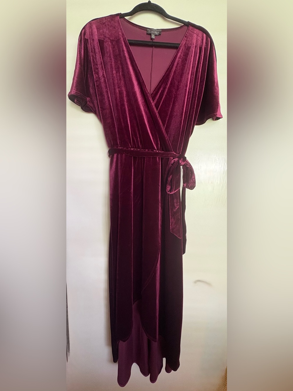 Luxology Velvet Wrap Long Sleeve Maxi Dress in Burgundy